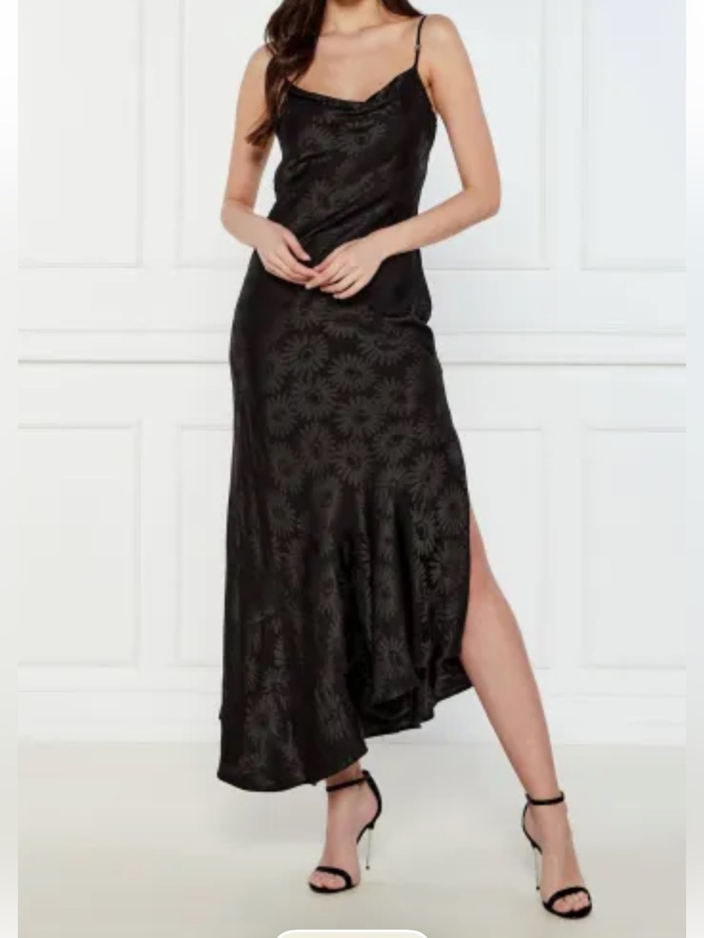 HUGO Hugo Boss Sz 10 Katea Dress Black Satin Floral Slip Side Slit Asymmetrical